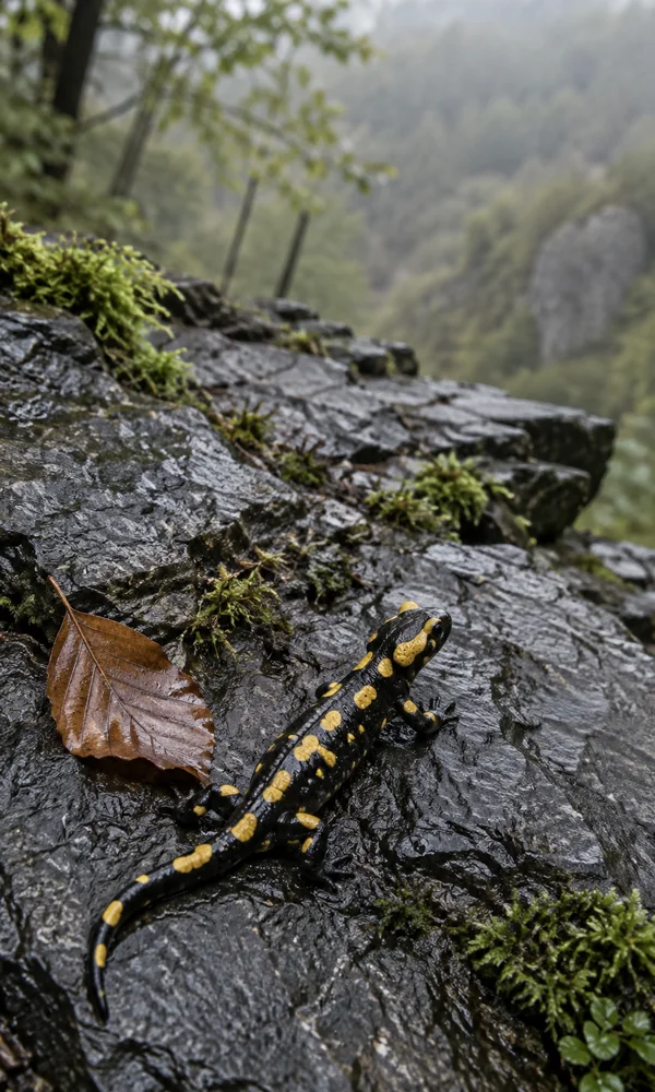 A black-and-yellow fire salamander crosses rain-wet dark slate beside a copper-brown leaf and patches of green moss, with a softly blurred woodland behind it.