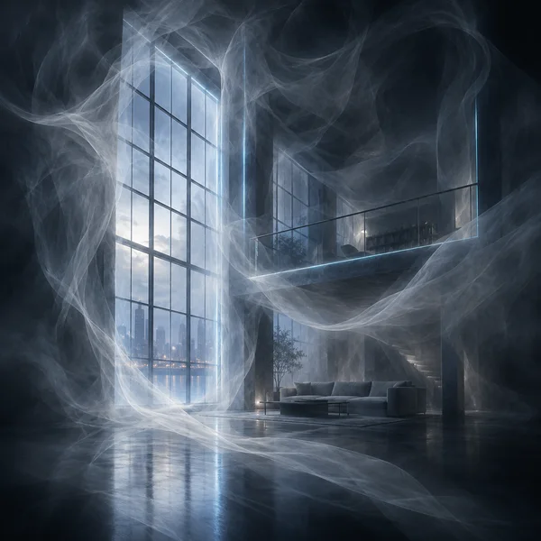 A dark, double-height loft interior with a tall grid window overlooking a city, an open mezzanine, and a low sofa beneath it, partly veiled by flowing…
