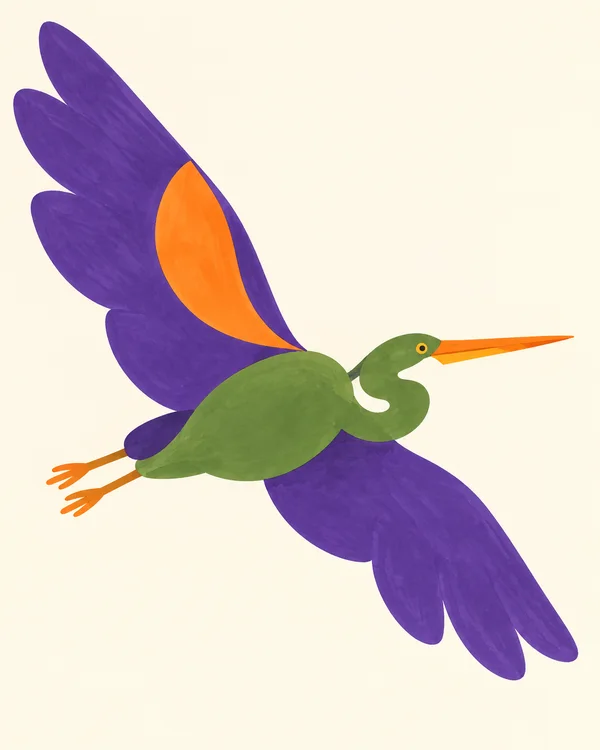 A green-bodied heron flies to the right against a warm ivory background, with large violet wings, an orange wing patch, a long orange bill, and two orange…