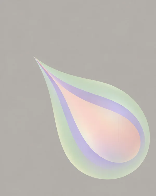 A large pastel teardrop-shaped abstract graphic sits in the lower-right of a warm-grey background.
