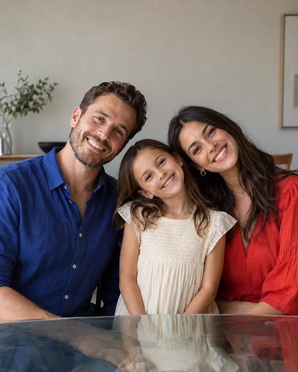 A smiling family of three pose closely behind a glass dining table in a bright dining room.