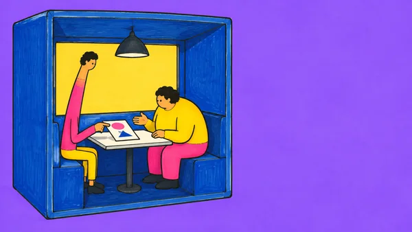 A cobalt-blue meeting booth is shown in cutaway against a violet background, with two seated figures facing each other across a small table.
