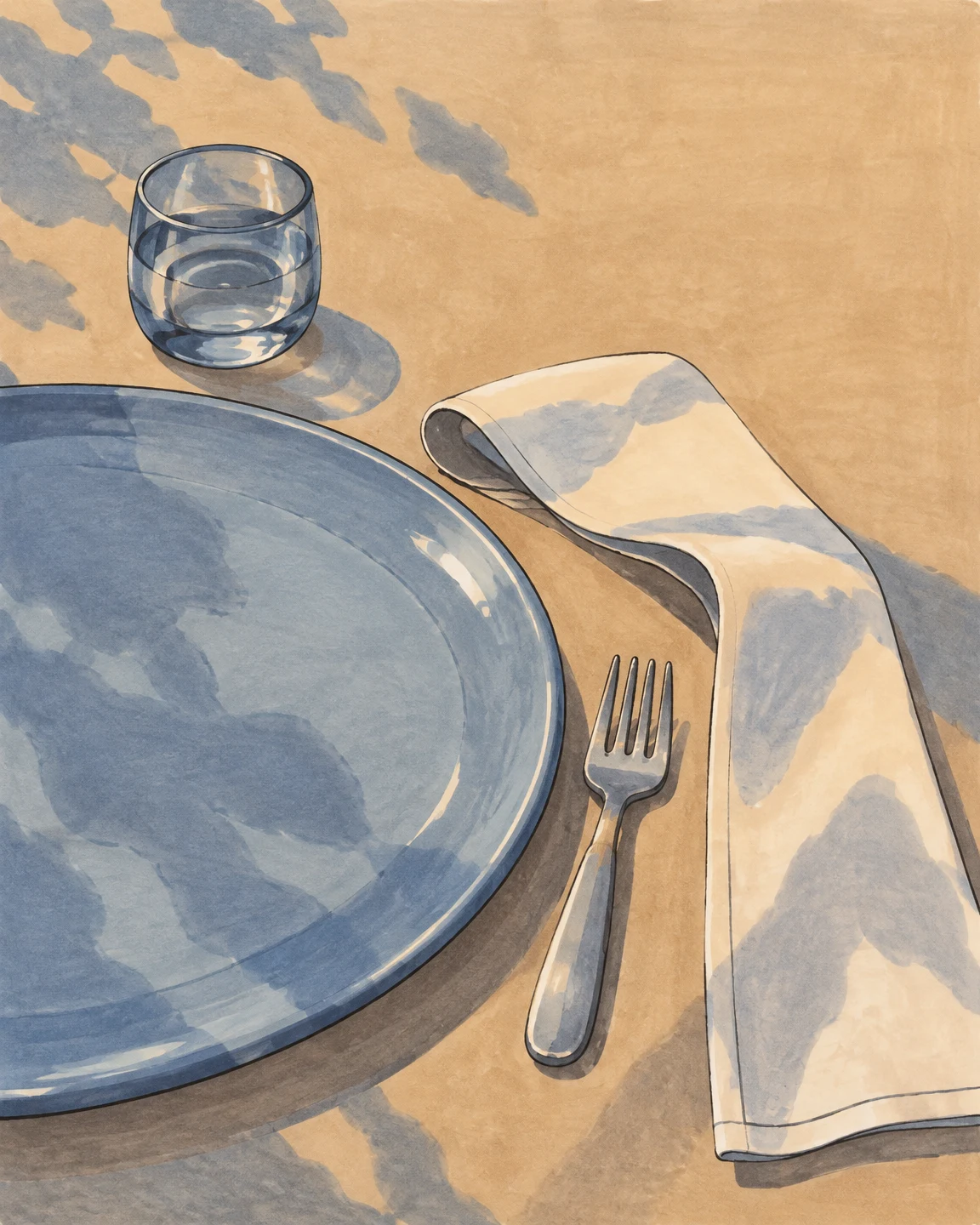 A dusty-blue oval plate, long folded cream napkin, slender fork, and clear drinking glass arranged on a warm tan tablecloth, with irregular blue patches across…