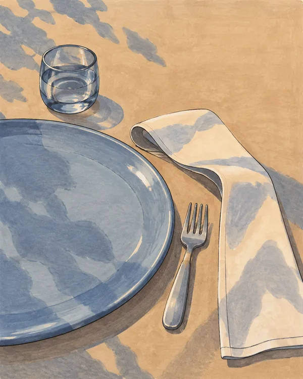 A dusty-blue oval plate, long folded cream napkin, slender fork, and clear drinking glass arranged on a warm tan tablecloth, with irregular blue patches across…