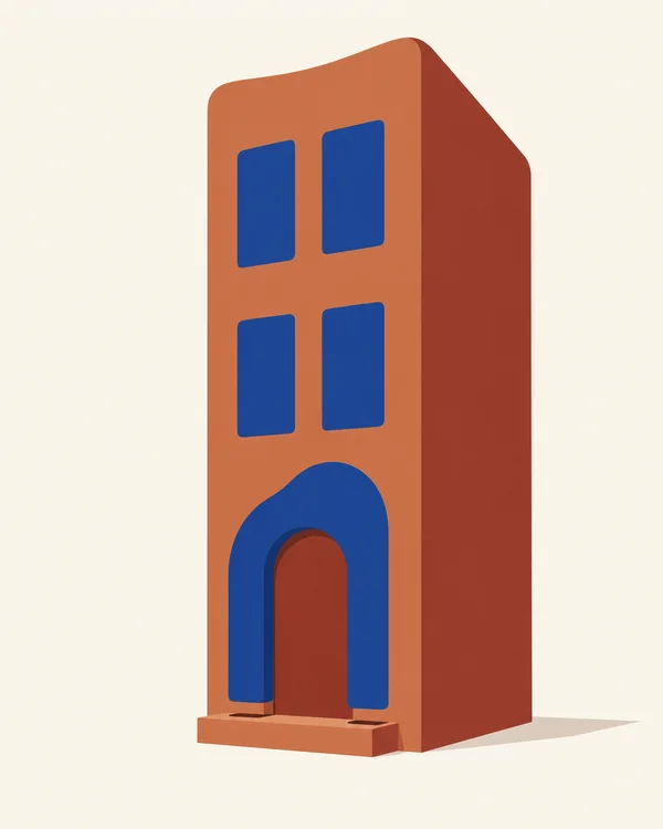 A tall terracotta townhouse is shown at a three-quarter angle against an ivory background, with four cobalt windows and a large cobalt entrance arch above a…