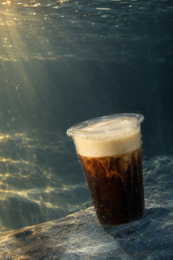 A clear tapered cup of dark coffee topped with pale foam rests at an angle on a rocky blue-grey underwater floor, with bubbles on the cup and open water above…