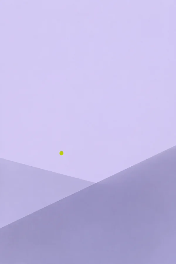Minimal portrait abstract artwork with a pale lavender field, a small chartreuse circle below center, and two translucent lilac planes across the lower portion.