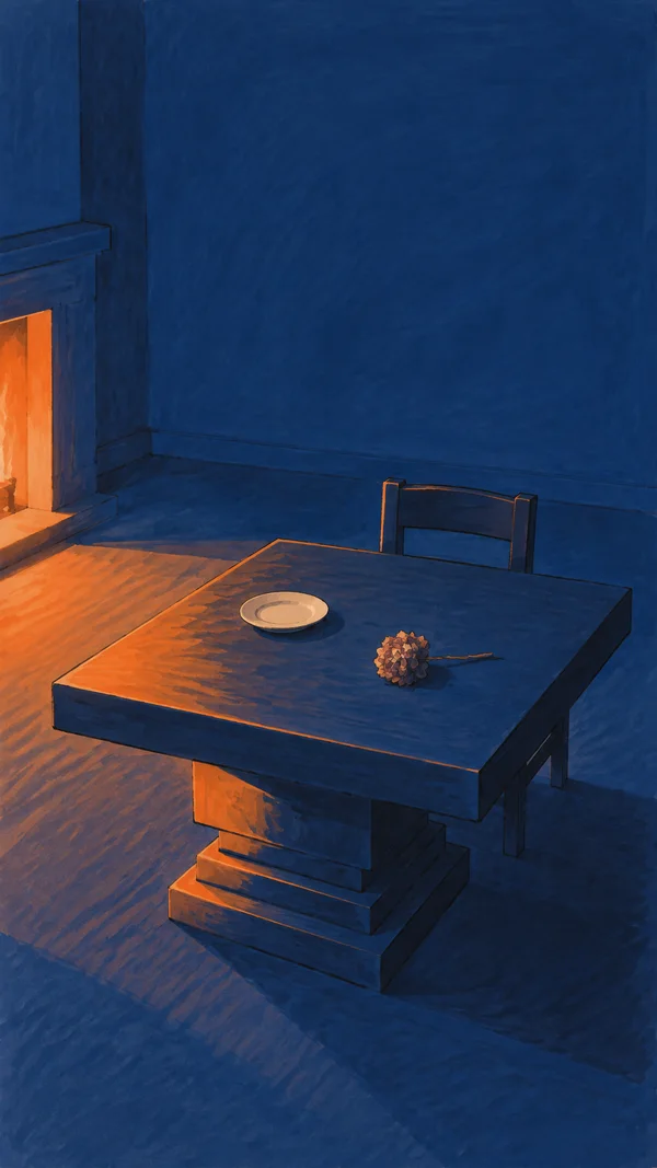 A squat square blue dining table with a thick top and stepped pedestal sits in a cobalt room.
