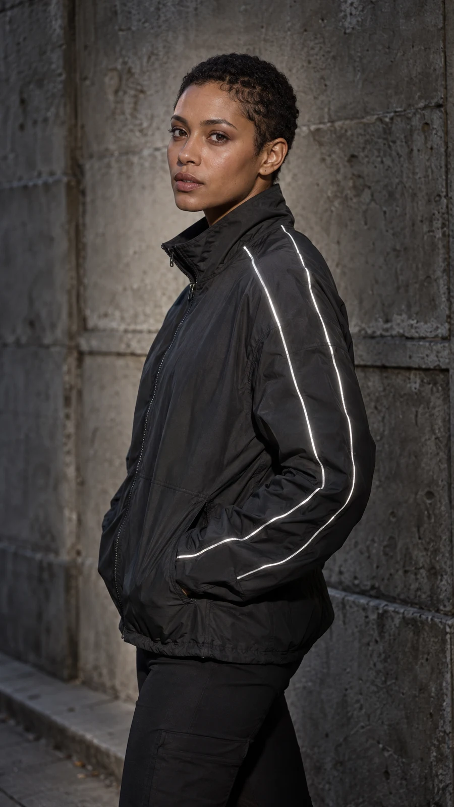 A woman with closely cropped hair wears a charcoal jacket with bright reflective piping against a weathered concrete wall, with pavement visible below.