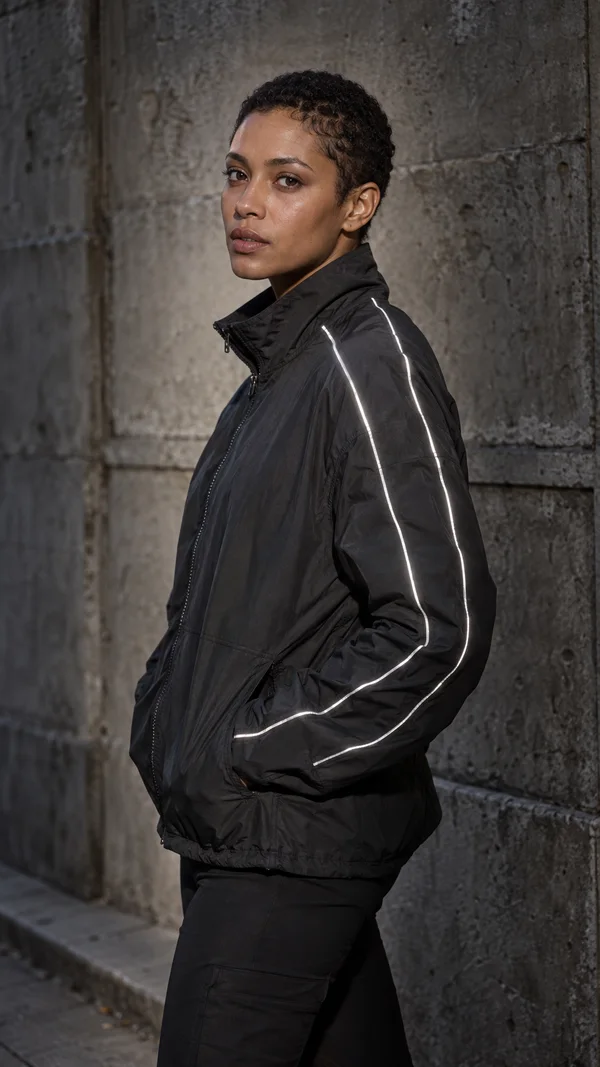 A woman with closely cropped hair wears a charcoal jacket with bright reflective piping against a weathered concrete wall, with pavement visible below.