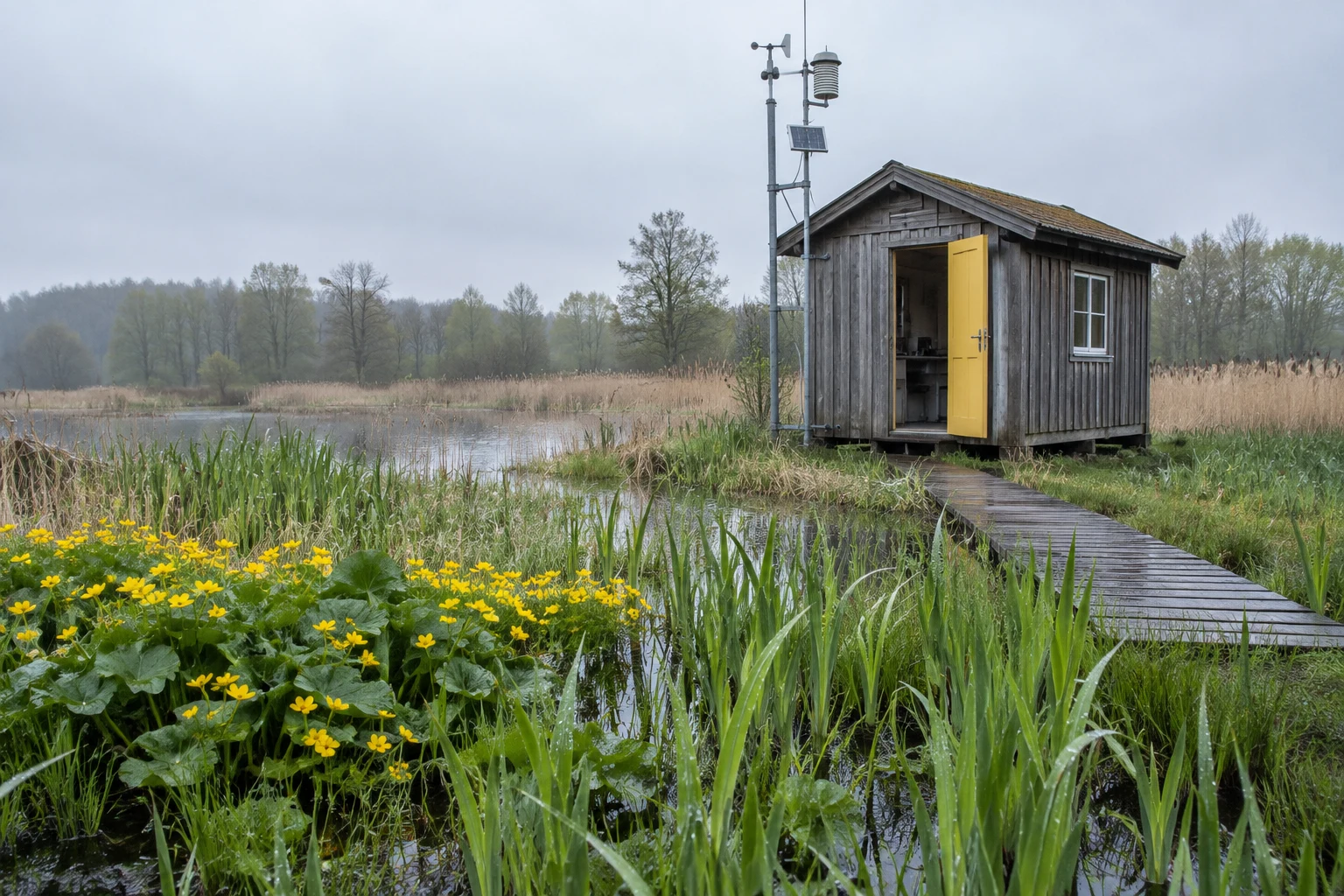 A weathered timber field hut with an open yellow door and monitoring mast stands beside a wet meadow.