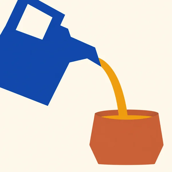 A large angular cobalt-blue pitcher, cropped by the upper-left edge, pours a curved amber stream into a broad faceted terracotta tumbler at lower right against…