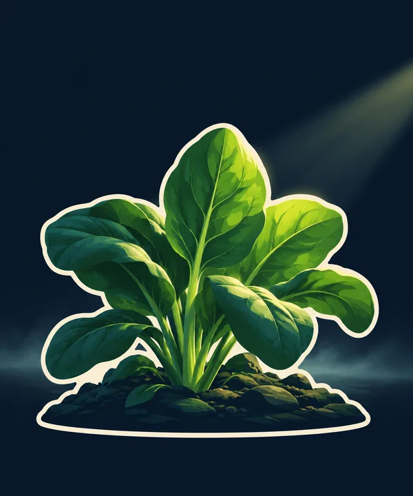 A large spinach plant with broad overlapping green leaves grows from a dark, rocky ground patch, outlined in cream against a midnight-blue background.