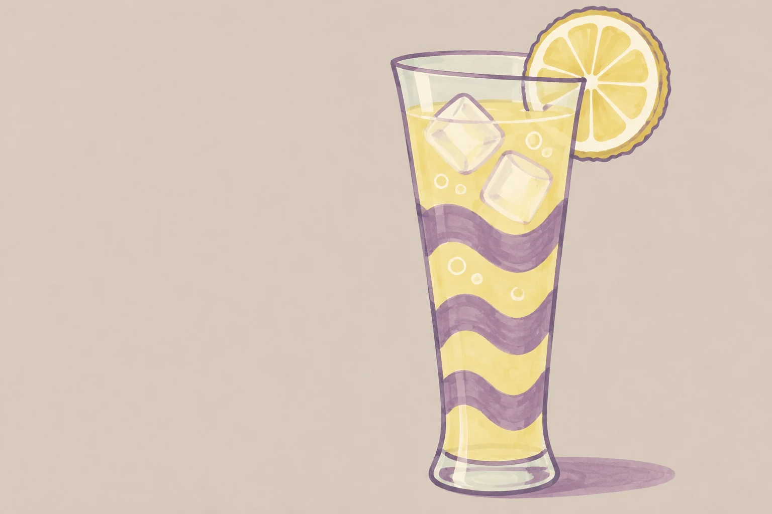 A hand-drawn illustration of a tall, narrow-waisted glass filled with pale yellow liquid, two ice cubes and bubble dots.