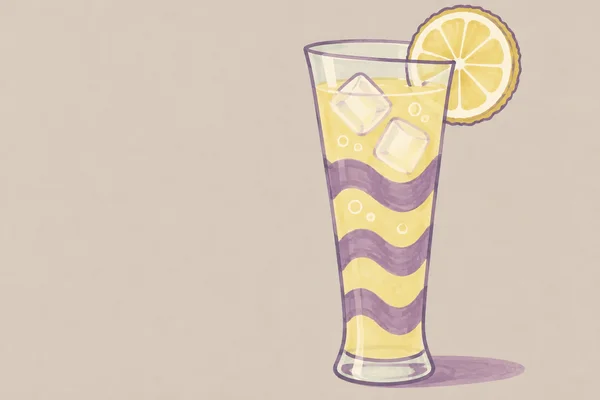 A hand-drawn illustration of a tall, narrow-waisted glass filled with pale yellow liquid, two ice cubes and bubble dots.