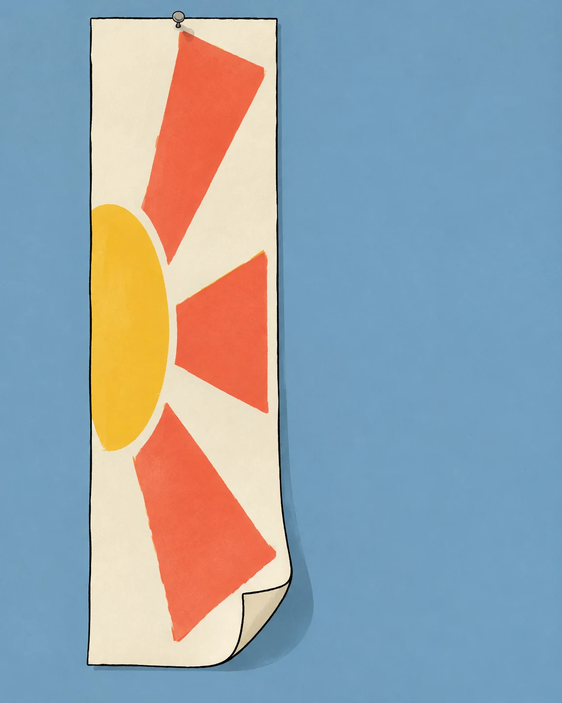 A tall cream paper poster hangs from a small tack on a dusty-blue wall, with a yellow oval and three coral wedges on its face and a large curled lower-right…
