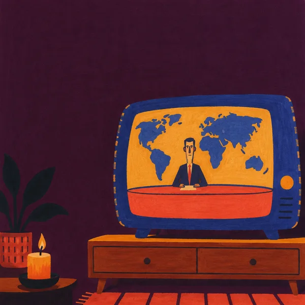 A hand-drawn illustration of a large cobalt television on a wooden cabinet, showing a small newsreader behind a wide coral desk against a blue world map.