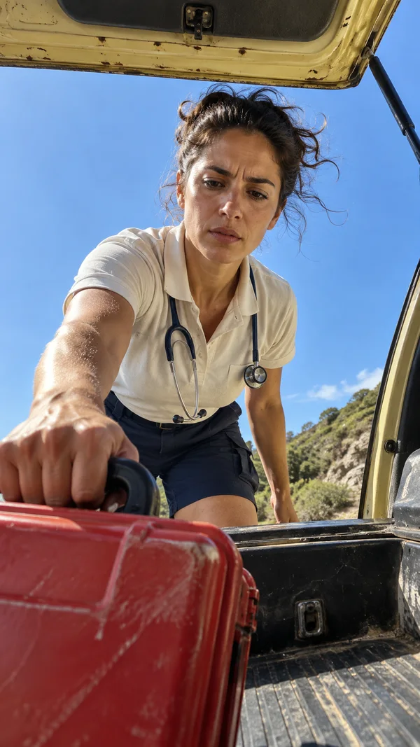 A dark-haired paramedic in a cream polo and navy shorts leans into the open rear of a pale-yellow car, gripping a large red first-aid case in the foreground.