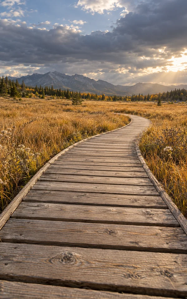 A weathered timber boardwalk curves through golden meadow grasses toward a distant mountain range beneath layered gray clouds, with warm sunlight breaking…