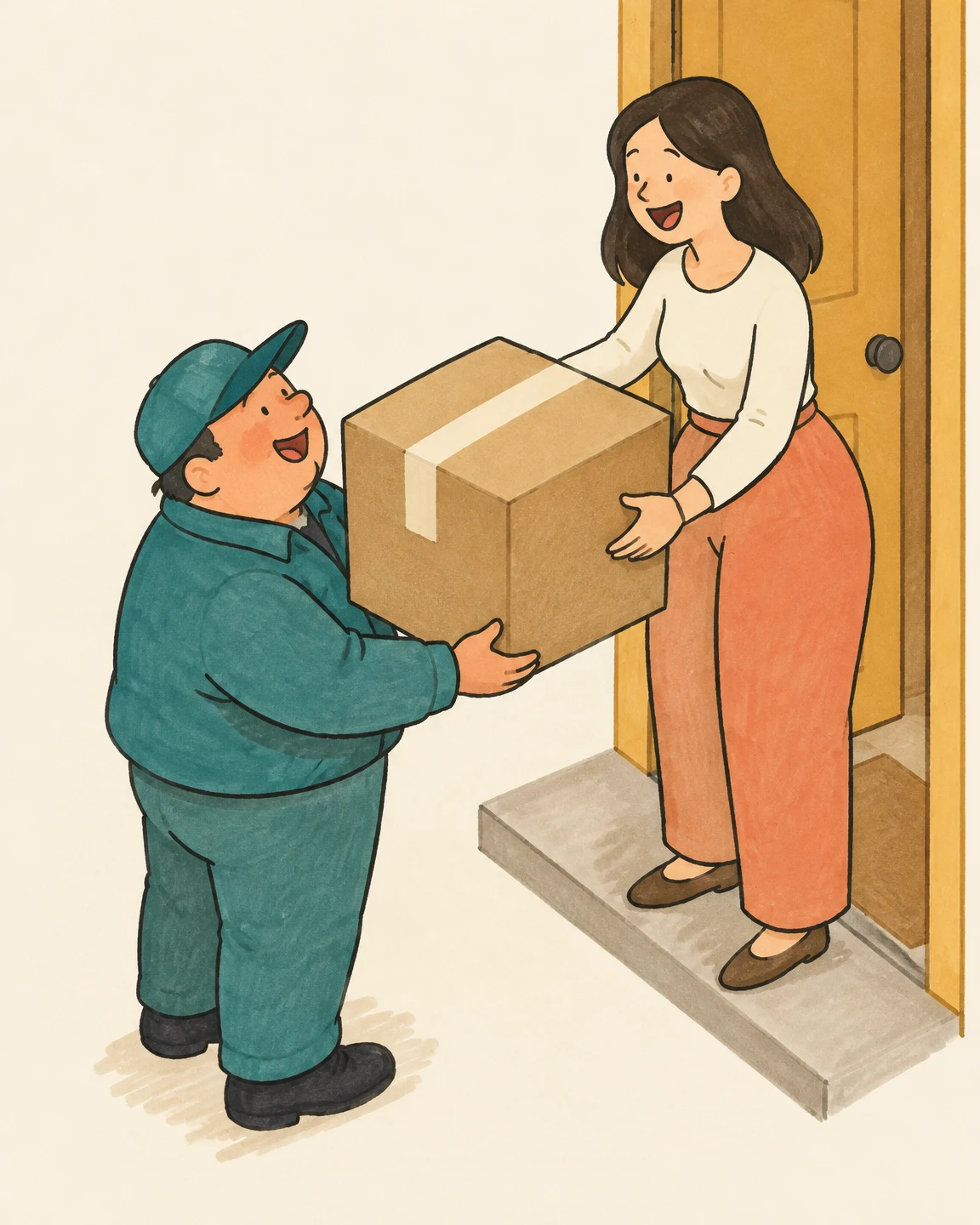 A short, broad courier in teal passes a large taped kraft-brown box to a smiling woman in coral trousers at an ochre doorway, against a warm ivory background.