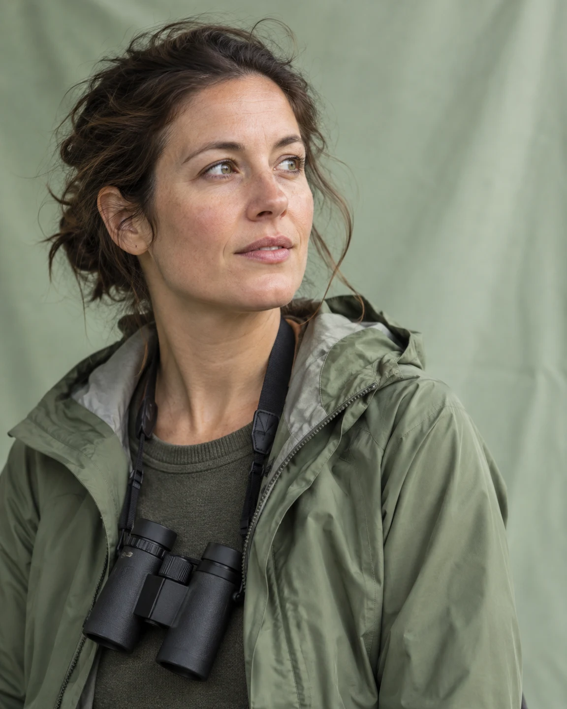 An adult woman in a sage-green jacket wears black binoculars on a neck strap, looking slightly upward and to the side against a pale green fabric backdrop.