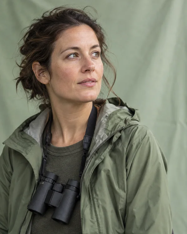 An adult woman in a sage-green jacket wears black binoculars on a neck strap, looking slightly upward and to the side against a pale green fabric backdrop.