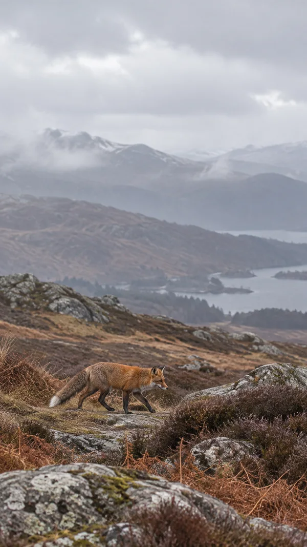 A red fox trots across a rocky, heather- and bracken-covered ridge, with layered misty hills and a pale overcast sky behind it.