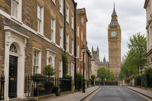 An empty Westminster street lined with brick and pale stone townhouses, white sash windows, dark doors and black iron railings, with Elizabeth Tower rising…
