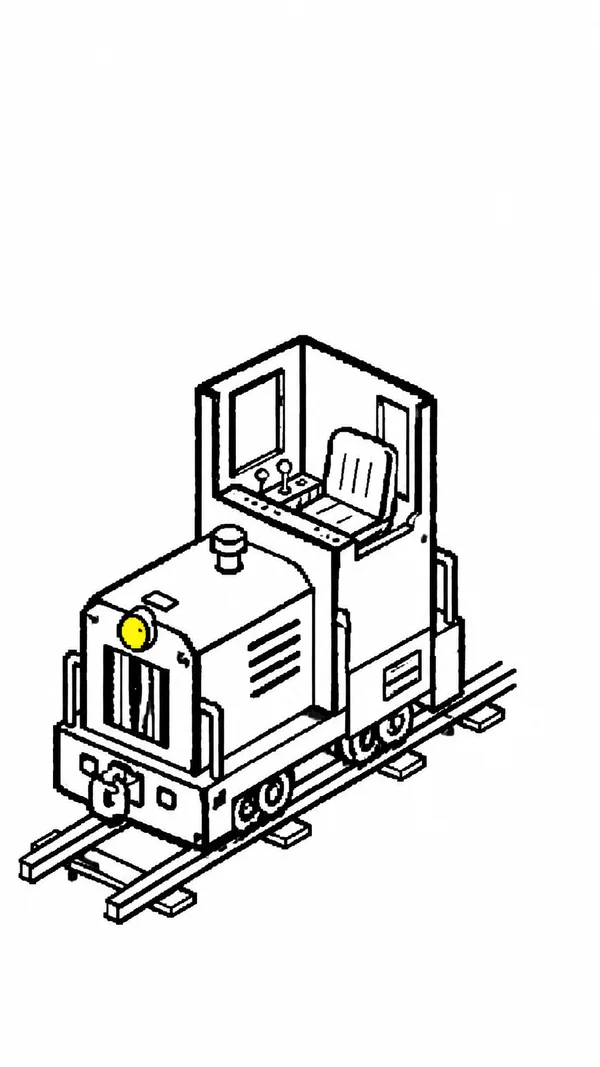 A black-and-white isometric line illustration of a small locomotive with a tall open cab, a stitched seat, and a yellow headlamp, standing on diagonal rails…