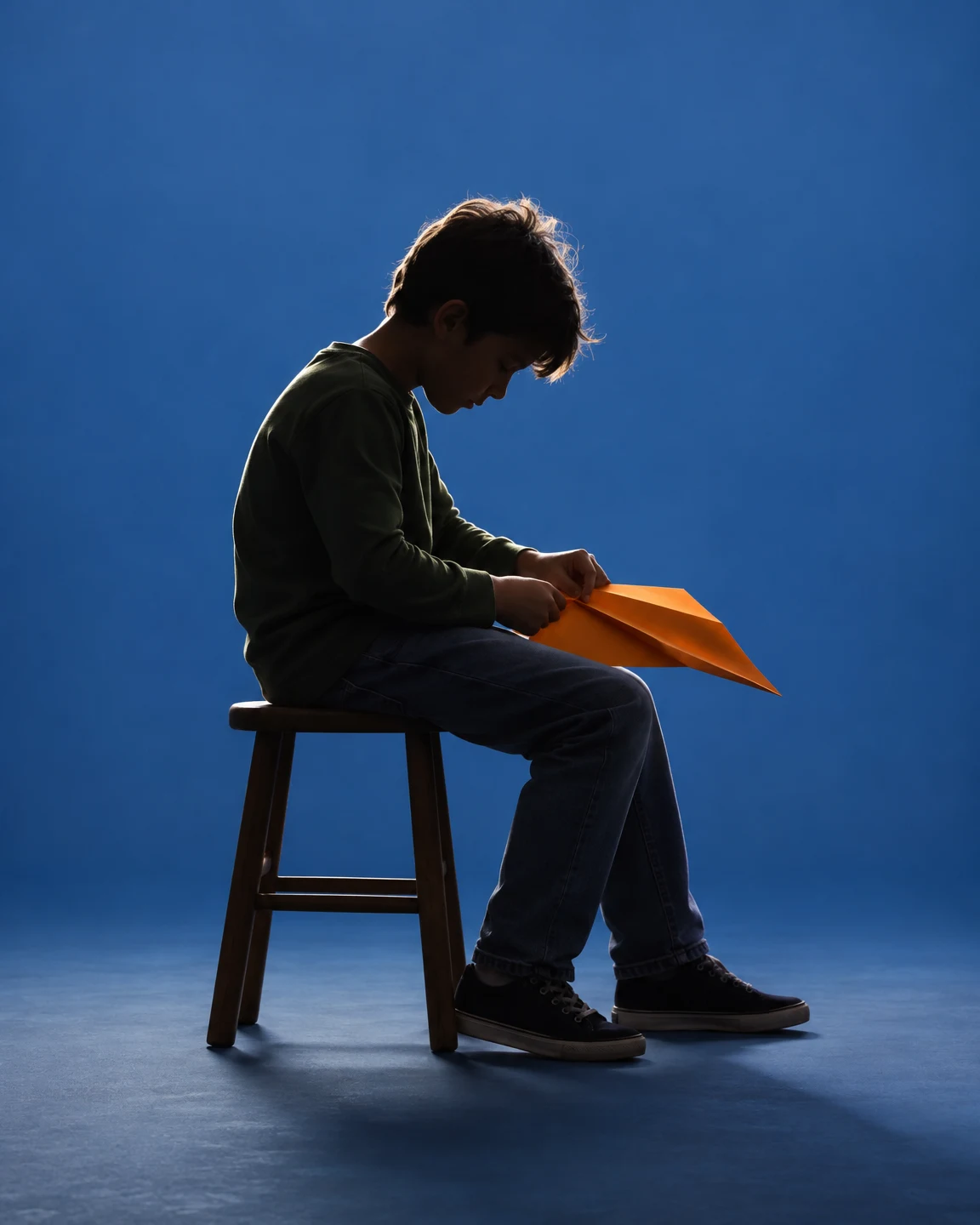 A young person sits sideways on a wooden stool, leaning forward to crease a large orange paper airplane against a blue studio backdrop.