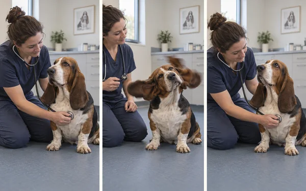 Three-panel sequence in a veterinary consultation room: a kneeling veterinarian listens to a seated tricolour basset hound, pauses as it shakes its head, then…