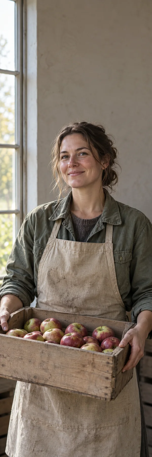 A woman in a faded green work jacket and canvas apron stands beside a tall window, holding a wooden crate of red and green apples.