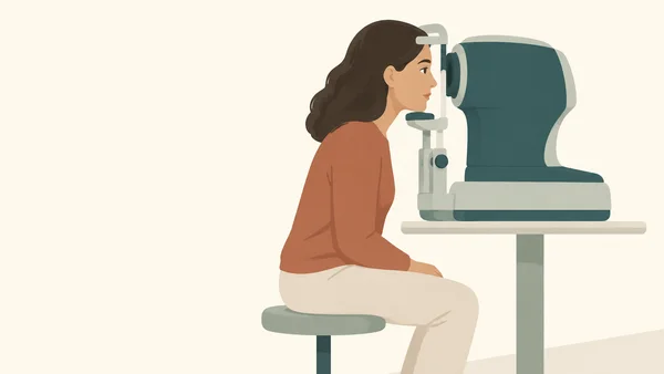 A vector-style illustration shows a woman seated on a stool at a tabletop autorefractor, with her face at the viewing aperture and her chin near the instrument…