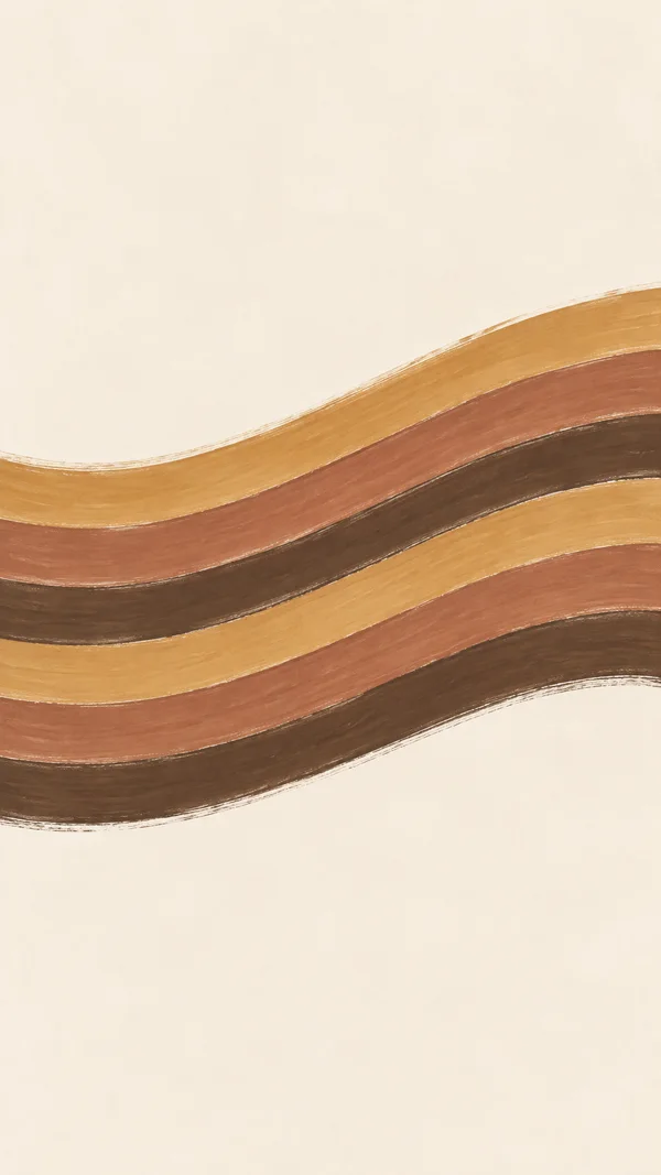 Six broad, parallel ribbons in ochre, muted clay and deep umber sweep across a warm ivory background, with softly rough painted edges and generous open space…