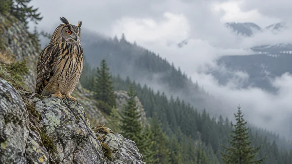 A Eurasian eagle owl perches on a lichen-covered rock ledge at the left of the frame, with misty spruce-covered mountain slopes fading into cloud behind it.