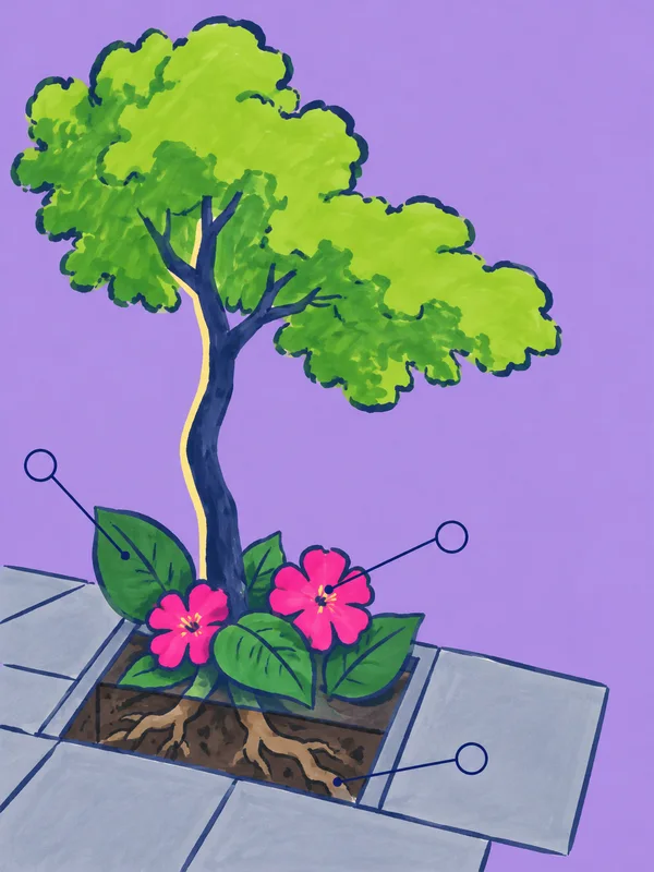 A stylized navy-trunked tree with a large lime-green canopy grows from a rectangular soil cutaway in a gray-paved sidewalk.
