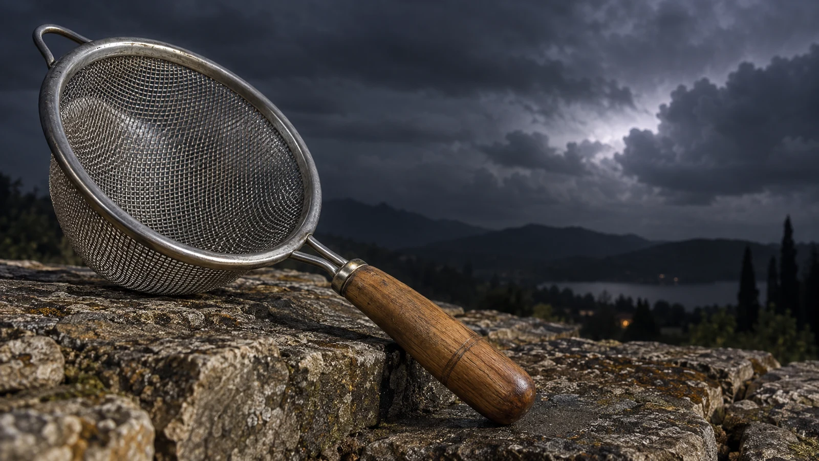 A large stainless-steel mesh strainer with a worn brown wooden handle rests diagonally on a rough stone ledge beneath dark storm clouds.