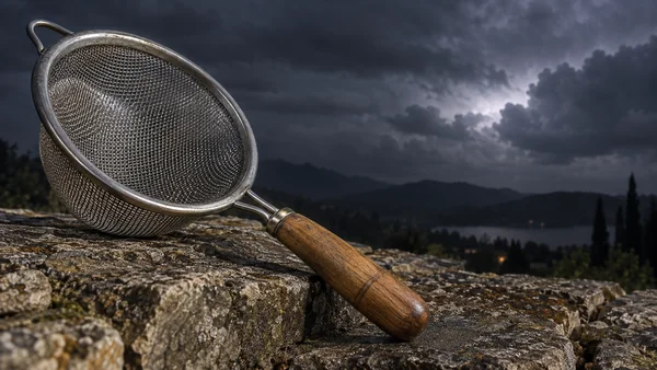A large stainless-steel mesh strainer with a worn brown wooden handle rests diagonally on a rough stone ledge beneath dark storm clouds.