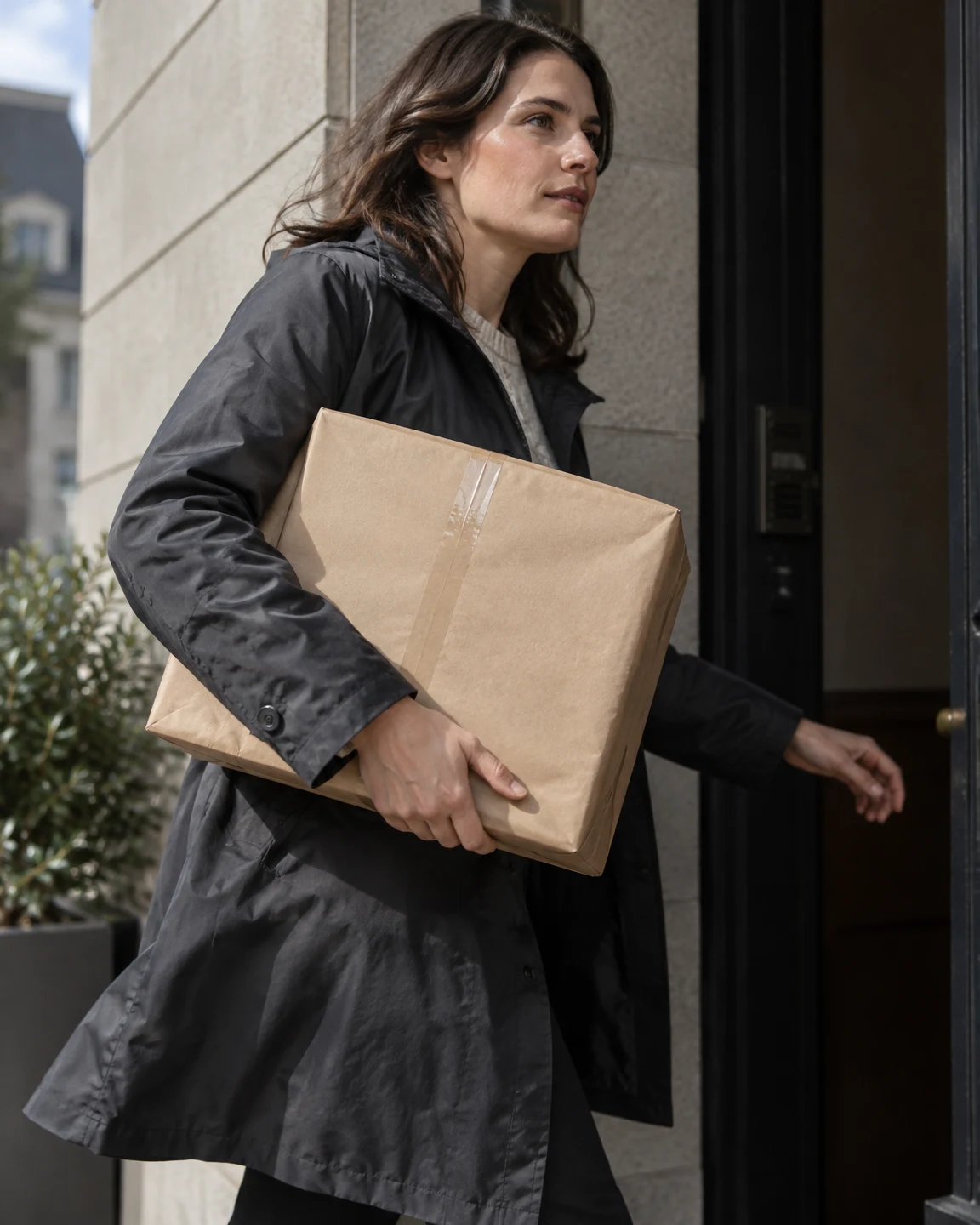 A woman in a charcoal raincoat carries a large tan paper-wrapped parcel toward a dark recessed entrance, reaching toward the doorway as daylight falls across…