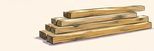 Five long ochre timber boards form an offset stack, with squared cut ends facing left against a warm cream background and muted lilac shadows beneath.