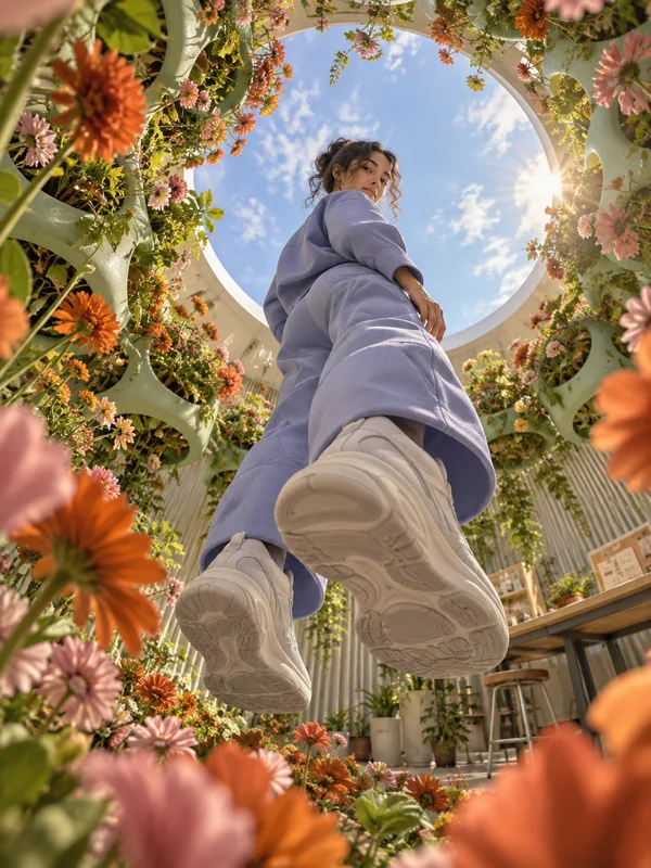 A person in periwinkle clothing and oversized white sneakers appears suspended above orange and pink flowers inside a bright studio.