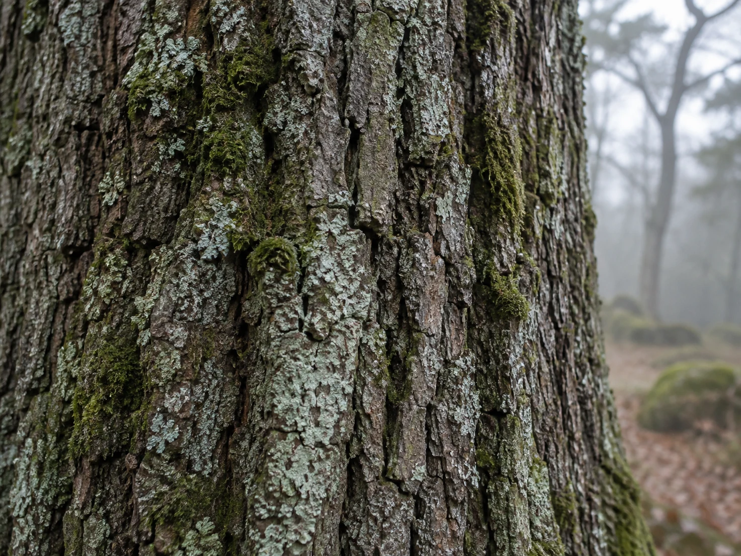 Close view of a deeply ridged grey-brown tree trunk covered with pale green lichen and patches of moss, with a softly blurred misty woodland in the background…