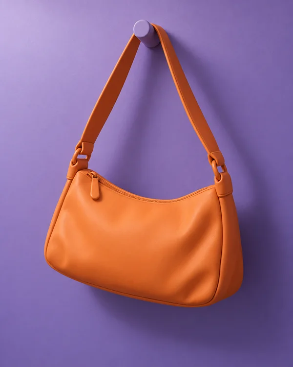 A tangerine-orange shoulder bag hangs from a broad strap looped over a violet wall peg, against a plain violet wall.