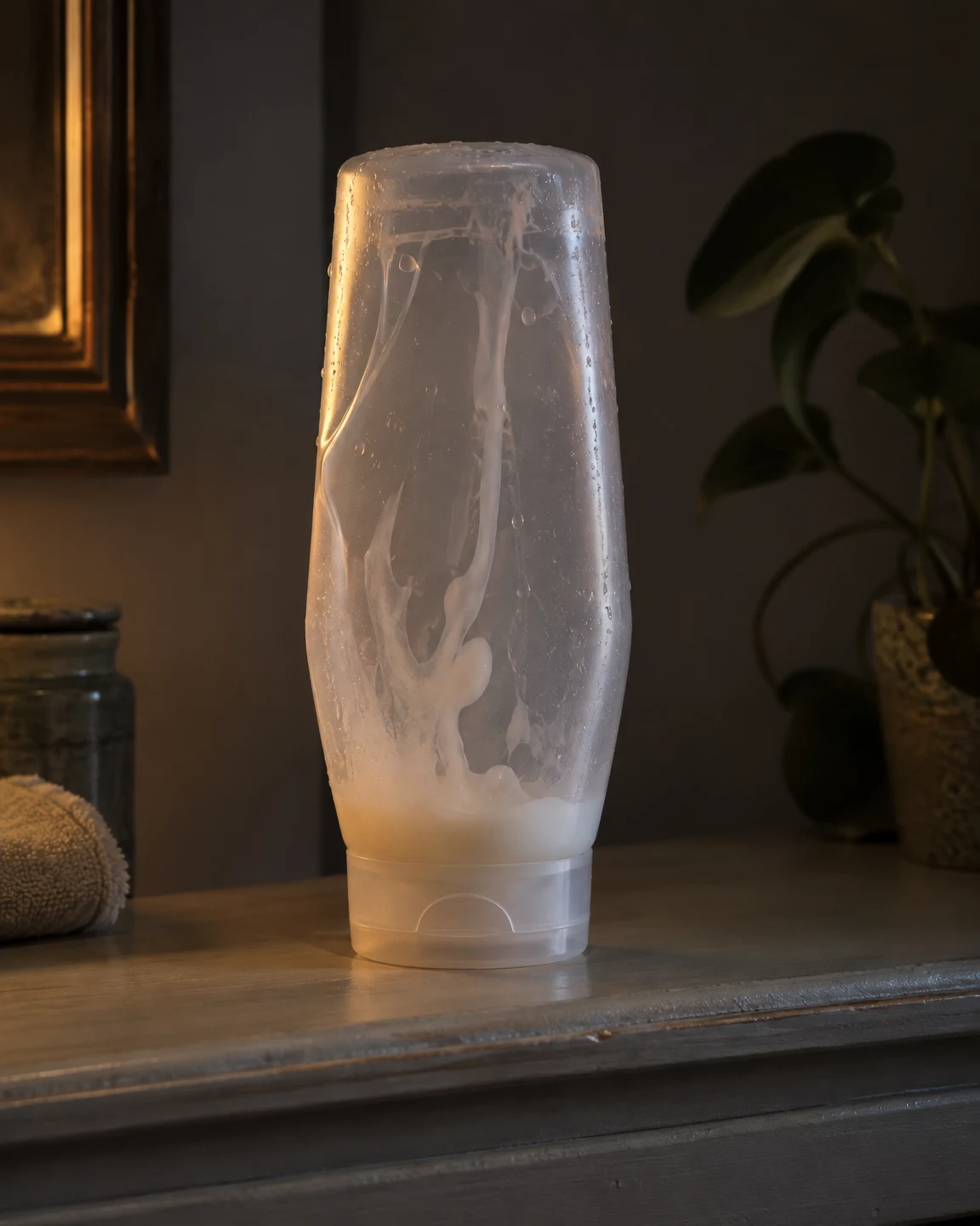 An upside-down translucent shampoo bottle with milky residue and water droplets stands on its cap on a wooden washstand ledge, lit by warm amber light.