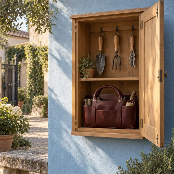 An open wooden gardening cupboard mounted on a pale blue courtyard wall holds three hanging tools and a burgundy leather carrier on its lower shelf.