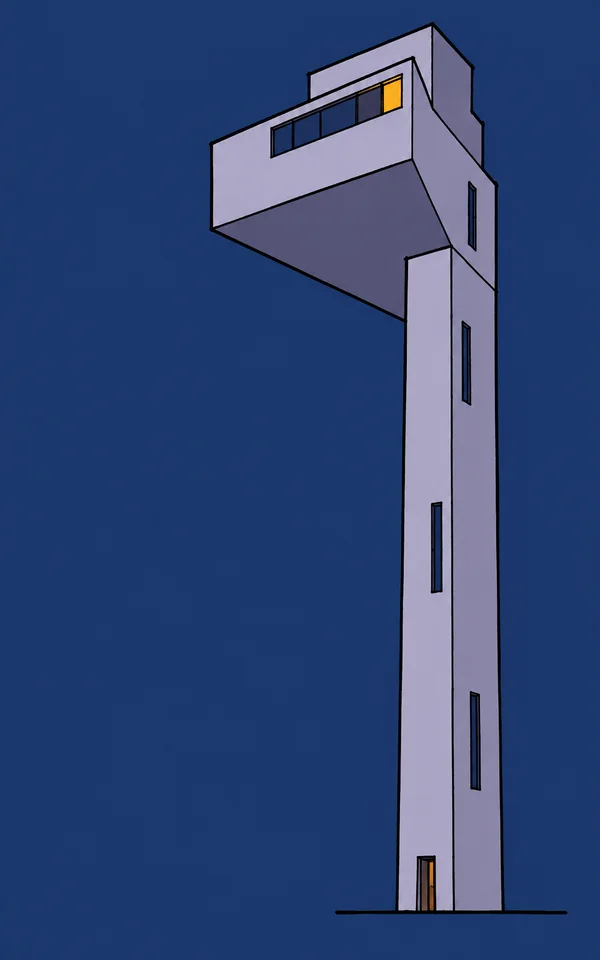 A tall pale-lavender skyscraper with a large stepped upper block cantilevering to the left stands against a dark blue background.