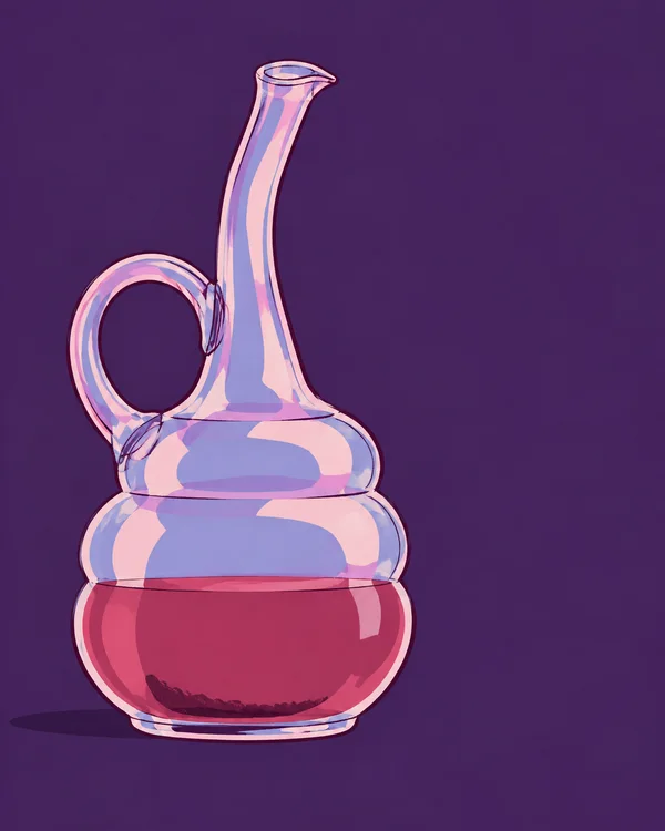 A transparent glass cruet with a long curved neck, tiny pouring lip and large loop handle stands against a deep violet background.