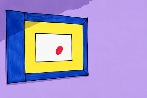 A wide, slightly tilted cobalt-blue picture frame with an unusually thick left rail hangs on a lavender wall.