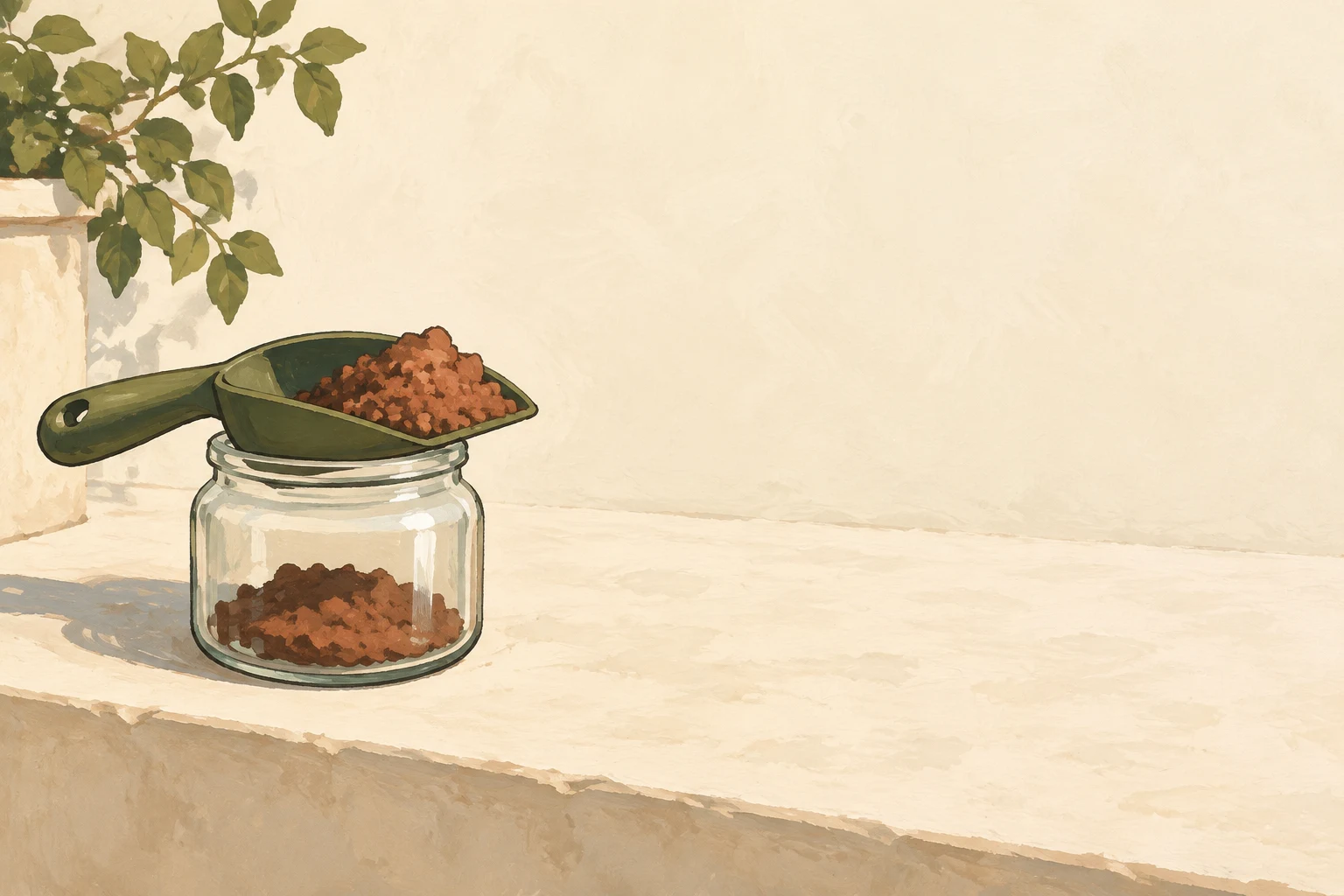 A deep olive garden scoop heaped with terracotta-brown soil rests across a clear, squat glass jar containing more soil on a pale cream courtyard ledge; leafy…
