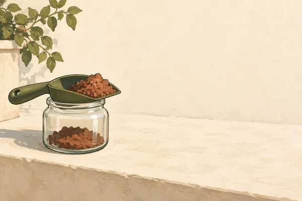 A deep olive garden scoop heaped with terracotta-brown soil rests across a clear, squat glass jar containing more soil on a pale cream courtyard ledge; leafy…
